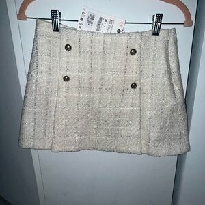 Zara Cream Tweed Mini Skirt with Decorative Buttons